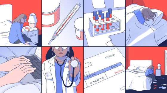 Panel illustration of different scenes of an ill person laying in bed, in the other panels a doctor sees a patient and a positive test result for "Long Covid" is shown on a piece of paper.