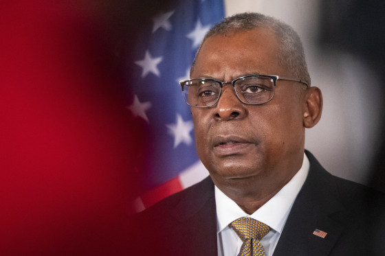 Defense Secretary Lloyd J. Austin III speaks in Vilnius, Lithuania, on Feb. 19, 2022.