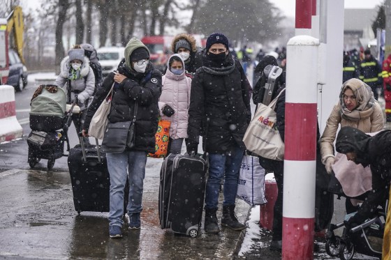 Image: A group of Mexicans living in Ukraine cross the border to Siret, Romaina on March 2, 2022.