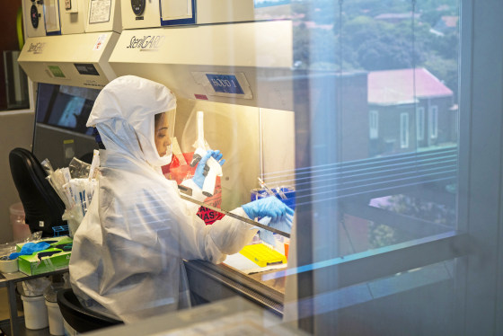 A scientist at the Africa Health Research Institute in Durban, South Africa, works on the omicron variant of the coronavirus on Dec. 15.