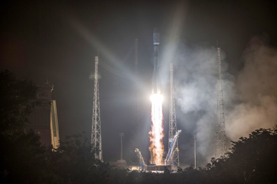 A Russian Soyuz rocket lifts off from the Kourou space base in French Guiana on Dec.18, 2019.