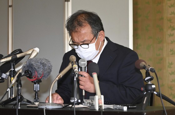 Seiichi Katsurada, whose company operated a tourist boat that sank off northern Japan with 26 people aboard, at a news conference in Shari, Japan, on Wednesday.
