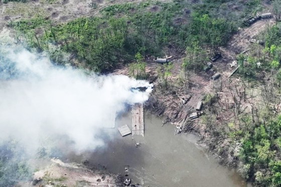 Pontoon bridges blown up over the Siverskyi Donets River in eastern Ukraine.