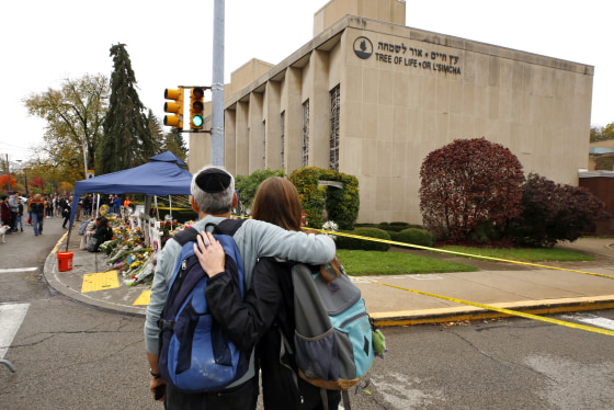 People pay their respects outside the Tree of Life Synagogue in Pittsburgh on Nov. 2, 2018.