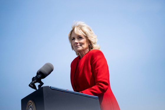 First lady Jill Biden speaks in Wilmington, Del., on April 2, 2022.