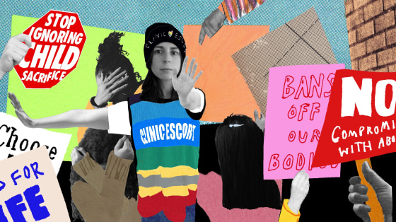 Photo collage showing a person wearing a multi-colored vest and a beanie that read,"Clinic escort" with her left hand to the left and right one gesturing forward. She is standing amidst protest signs that read,"Stop ignoring child sacrifice", "Bans off our Bodies" and "No Compromise with Abortion".