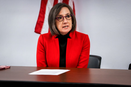 Candidate Andrea Salinas speaks at the Marion County Democratic Center in Salem, Ore. on April 12, 2022.