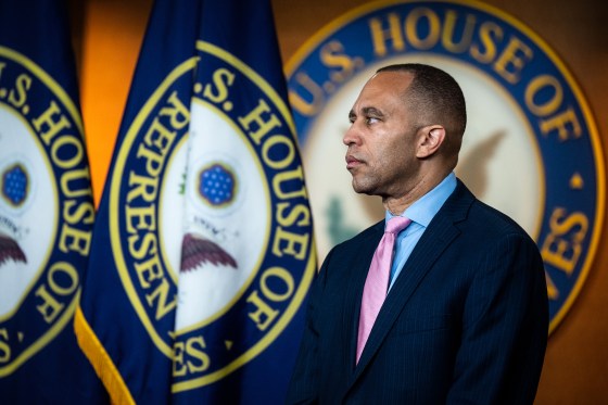 Democratic Caucus Chair Hakeem Jeffries, D-N.Y., listens at the press conference after the House Democrats caucus meeting in the Capitol on April 5, 2022.