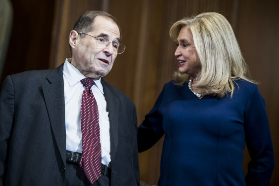 Reps. Jerrold Nadler, D-N.Y., and Carolyn Maloney, D-N.Y., talk at the Capitol on Jan. 11, 2019.