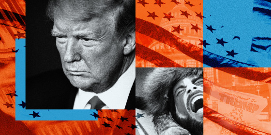 Photo illustration of former President Donald Trump, the scene at the Capitol on Jan. 6, an American flag patter and a rioter yelling.