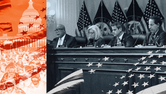 Photo illustration of the January 6th hearing committee and a scene outside of the Capitol riot on Jan. 6, 2021.