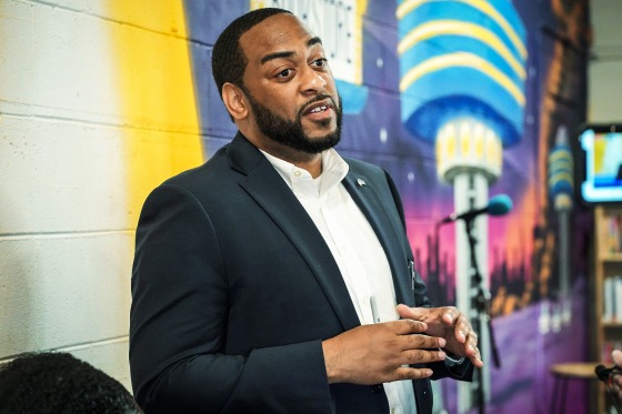 Kentucky senate candidate Charles Booker speaks at a book signing event for his memoir in Louisville, Ky. on April 27, 2022.