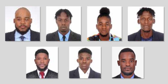 Top left, Antione Joseph Mithon, Nicholson Fontilus, Peter Mianovich Berlus and Anderson Petit-Frere. Bottom left, Steevenson Jacquet, Oriol Jean and Louis Jacques Wilguens.