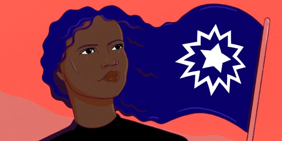 Illustration of a Black woman's hair becoming a blue Juneteenth flag, with a starburst symbol.