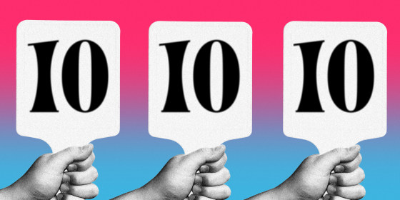 Photo illustration of bidding paddles showing the number 10.