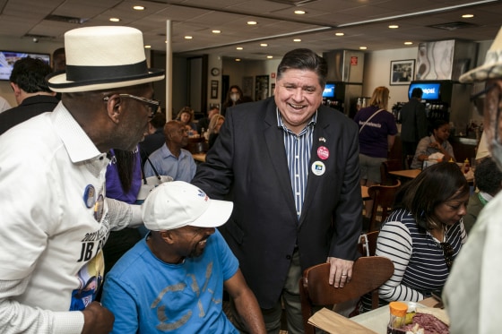 Illinois Governor J.B. Pritzker speaks to supporters on Primary Day at Manny's Deli on June 28, 2022, in Chicago.
