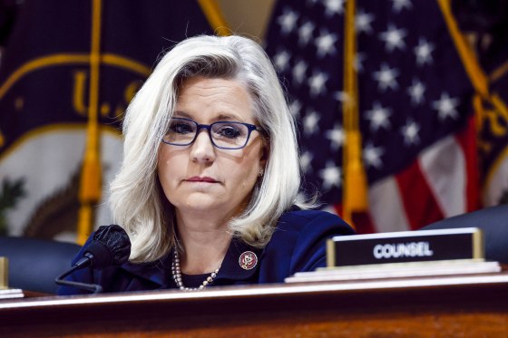 Rep. Liz Cheney, R-Wyo., questions Cassidy Hutchinson, a top former aide to Trump White House Chief of Staff Mark Meadows, as she testifies on June 28, 2022.