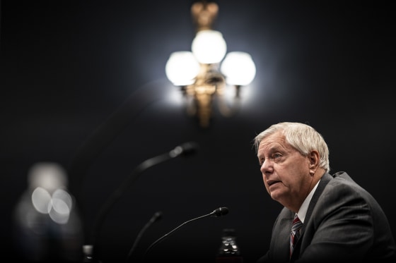 Image: Sen. Lindsey Graham, R-S.C., speaks with Republican Senators and economists about the Democrats social policy spending bill on November 30, 2021 in Washington, DC.
