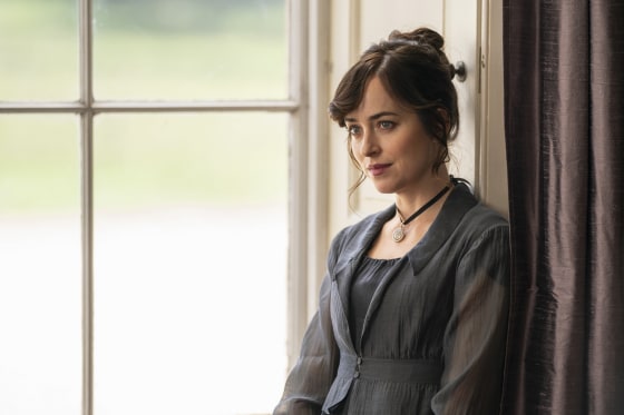 A production still of Dakota Johnson as Anne Elliot in "Persuasion."