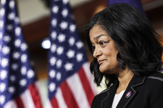 Rep. Pramila Jayapal, D-W.Va., attends a news conference on Capitol Hill on April 07, 2022.