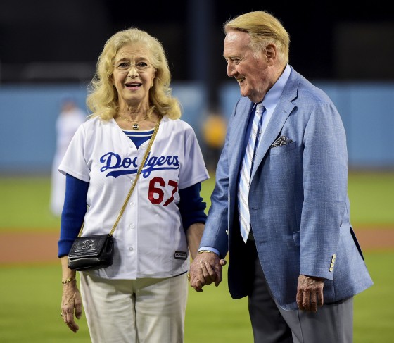 The No. 53 of former Los Angeles Dodgers Don Drysdale and microphone  representing broadcaster Vin Scully at the Retired Numbers Plaza at Dodger  Stadium Tuesday, Apr. 12, 2022, in Los Angeles. (Photo