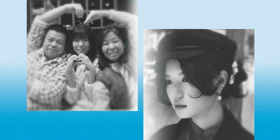 Photo illustration of Zhifan Dong and her parents making a heart with their hands and arms; a portrait of Zhifan Dong.