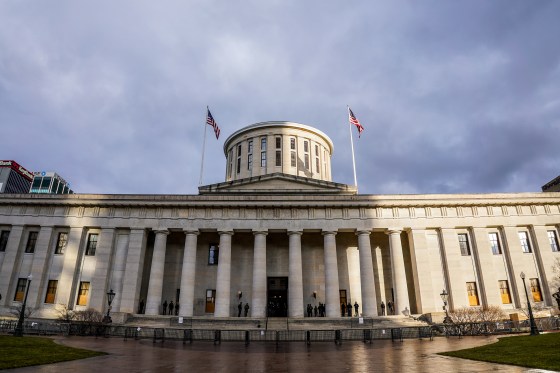 Troopers from the Ohio State Patrol and soldiers from the Ohio National Guard guard the Ohio Statehouse as the threat of violence from armed protests looms ahead of the inauguration of President-elect Joe Biden on Jan. 16, 2021, in Columbus.