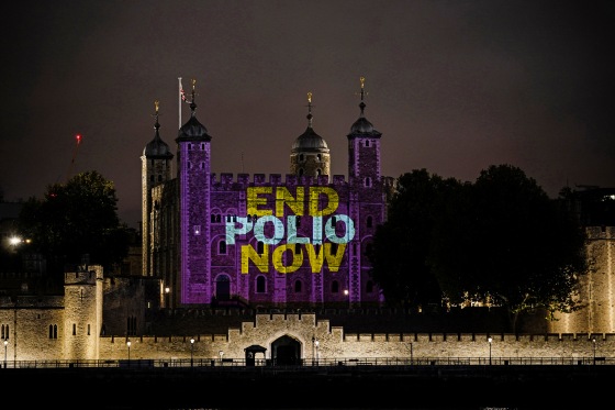 The Tower of London is lit up with the slogan 'End Polio Now' to mark World Polio Day on Oct. 24, 2021.