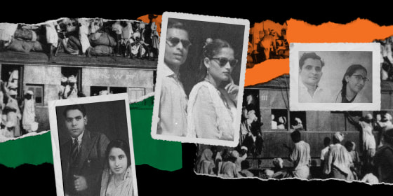 Photo collage: Images of the India-Pakistan partition on torn pieces of paper. Vintage photos of couples are scattered above it.