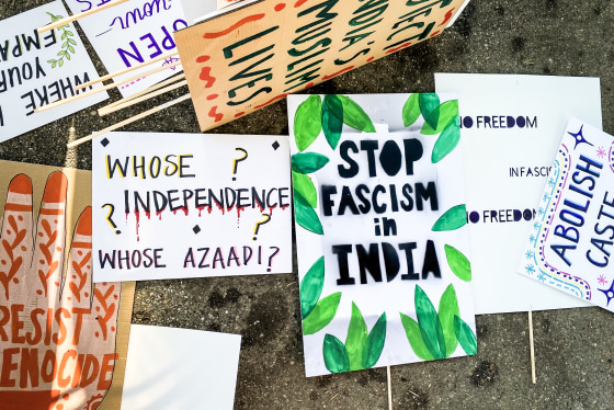 igns brought by protestors at the Indian Independence Day parade in Anaheim, Cali on Sunday.
