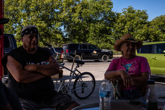 A Texas Department of Public Safety State Trooper passes Darla’s Kitchen in Brackettville, Texas, on Aug. 10, 2022.