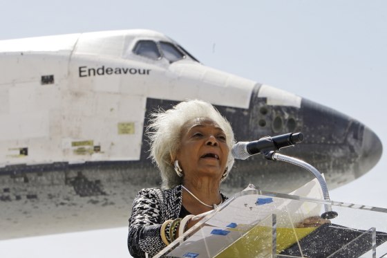 Image: Nichelle Nichols, the actor who portrayed Lt. Nyota Uhura on the 1960s television series "Star Trek," after the Space Shuttle Endeavour lands aboard a NASA Boeing 747 at the conclusion of its last flight, at Los Angeles International Airport on Sept. 21, 2012.