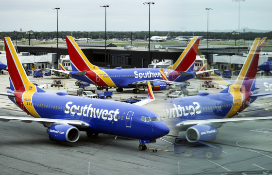 A Southwest Airlines airplane taxies from a gate at Baltimore Washington International Thurgood Marshall Airport on Oct. 11, 2021.