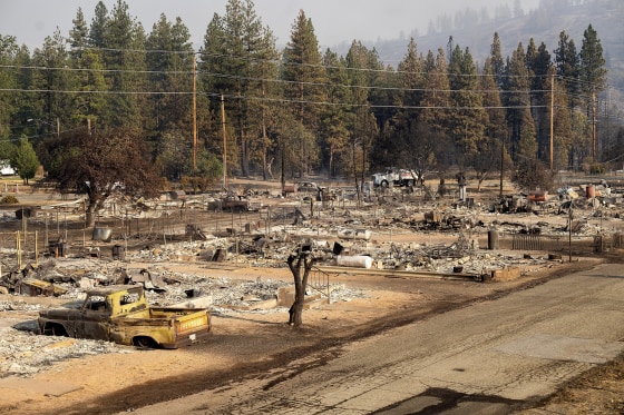 Homes destroyed by the Mill Fire line Wakefield Avenue on Saturday, Sept. 3, 2022, in Weed, California.