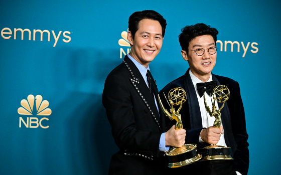 Lee Jung-jae, left, won the Emmy for Outstanding Lead Actor In A Drama Series and Hwang Dong-hyuk won for Outstanding Directing For A Drama Series for "Squid Game" at the 74th Emmy Awards in Los Angeles on Sept. 12, 2022.