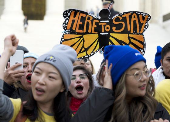 Demonstrators arrive in front of the Supreme Court during the "Home Is Here" March for DACA