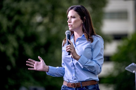 Republican gubernatorial candidate Tudor Dixon speaks in Lansing, Mich., on Aug. 27, 2022.