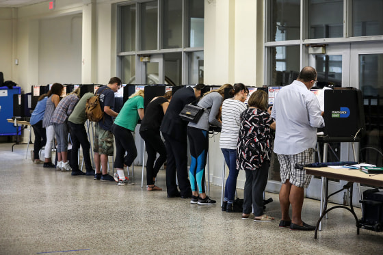 Voters fill out their ballots in Miami on Nov. 06, 2018.