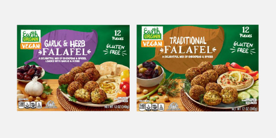 A side by side of Earth Grown Vegan Garlic & Herb Falafel and Traditional Falafel.