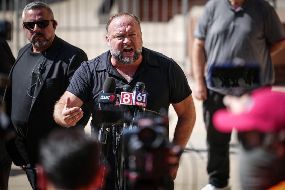 Image: InfoWars founder Alex Jones speaks to the media outside Waterbury Superior Court during his trial on Sept. 21, 2022 in Waterbury, Conn.