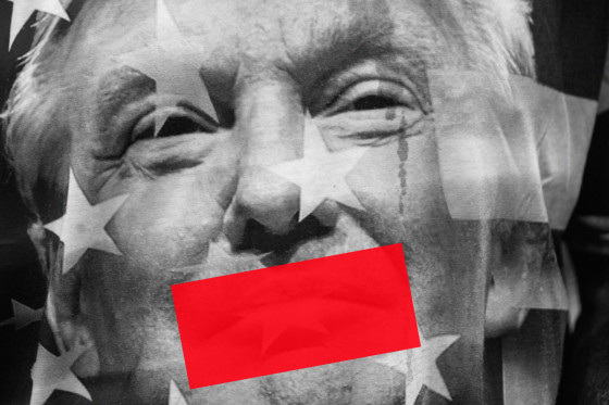 An illustration with the face of Donald Trump with a red bar across his mouth