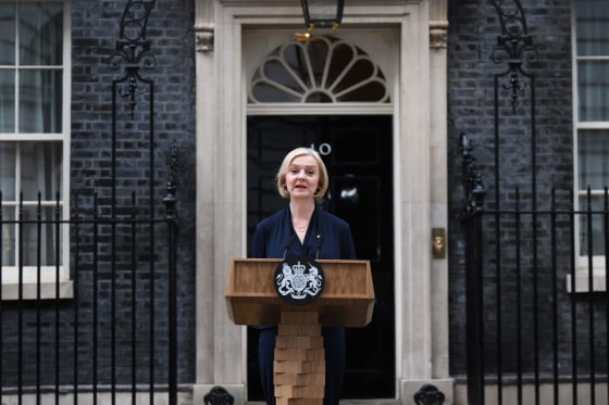 Liz Truss resigns as British Prime Minister outside 10 Downing Street in London on Oct. 20. 2022.