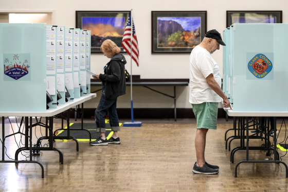 Image: Voters cast their ballots on the first day of in-person early voting at Desert Vista Community Center on Oct. 22, 2022 in Las Vegas.