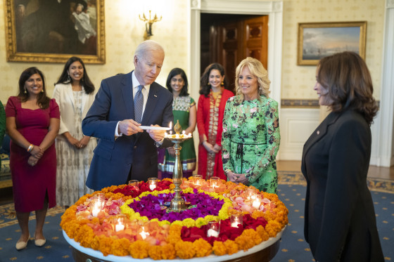 Joe Biden, Jill Biden and Kamala Harris during an event celebrating Dewali at the White House