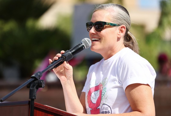 PHOENIX, ARIZONA - OCTOBER 08: Arizona Secretary of State and Democratic gubernatorial candidate Katie Hobbs speaks at a Women's March rally in support of midterm election candidates who support abortion rights outside the State Capitol on October 8, 2022 in Phoenix, Arizona. Hobbs faces Trump-endorsed Arizona Republican nominee for governor Kari Lake in the midterm elections on November 8. (Photo by Mario Tama/Getty Images)