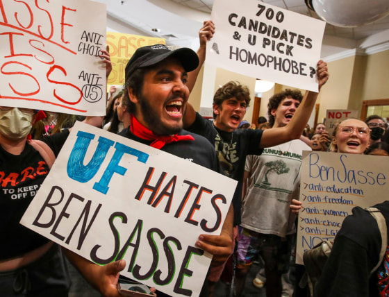Aron AliMcClory leads a chant as University of Florida students protest outside of the President's Ballroom as Sen. Ben Sasse of Nebraska was scheduled to speak on Oct. 10, 2022 in Gainesville.
