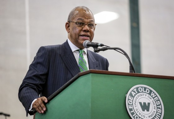 Image: Rev. Calvin O. Butts III speaks at a convocation at SUNY Old Westbury in New York on Sept. 4, 2019.