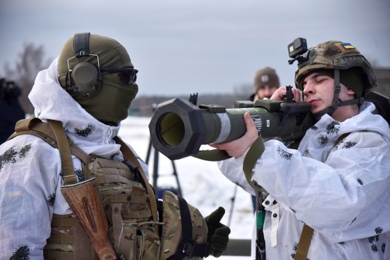 Mandatory Credit: Photo by Pavlo Palamarchuk/SOPA Images/Shutterstock (12807351l)
A Ukrainian military demonstrates the American grenade launcher M141 Bunker Defeat Munition during the weapons training exercise.
At the training ground at the International Center for Peacekeeping and Security of the National Academy of Land Forces named after Hetman Petro Sagaidachny, Ukrainian instructors are being trained in the use of M141 (or SMAW-D) grenade launchers recently transferred to Ukraine. The United States provided weapons to Ukraine because of a possible Russian attack.
Weapons training exercise in Ukraine - 04 Feb 2022