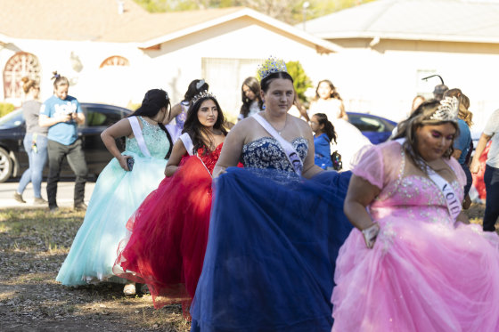 Young women in festive dress celebrate their 15th birthday, the Quinceanera  or Quince, Stock Photo, Picture And Rights Managed Image. Pic. IBR-4346005