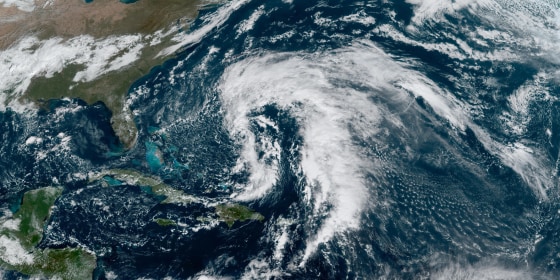 NOAA satellite view of subtropical storm Nicole over the Atlantic Ocean on Nov. 7, 2022.